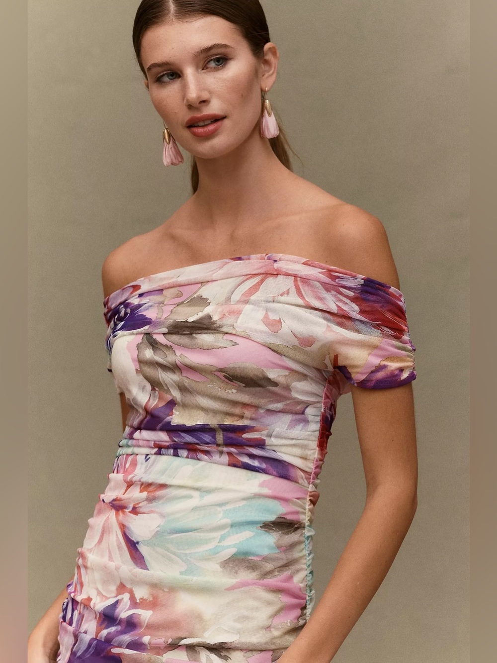 Anthropologie BHLDN Maxi Dress Womens Size L Purple Pink Floral off the shoulder - Picture 3 of 10